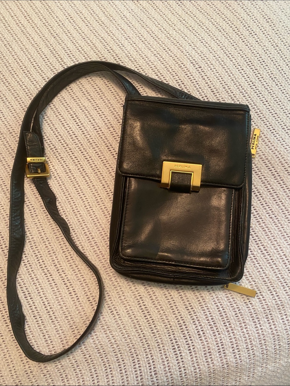 Perlina Black Leather Messenger Crossbody with Gold Hardware